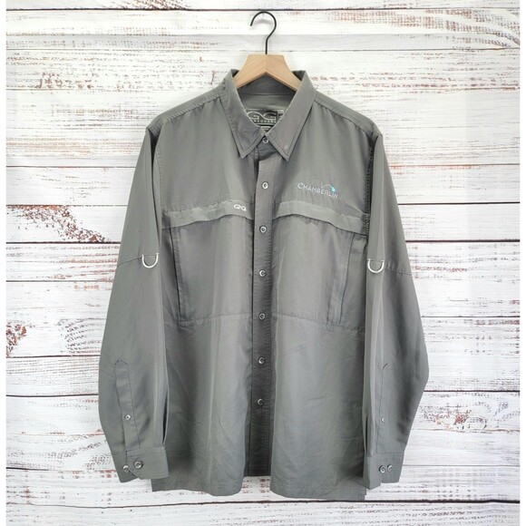 Game Guard Shirt Mens Large 1084 Pockets LOGO Long Sleeve Gray Button Down - Picture 1 of 9